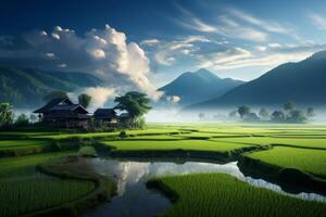 ai gegenereerd vredig platteland tafereel met een klein huis genesteld temidden van rijstveld velden. generatief ai foto