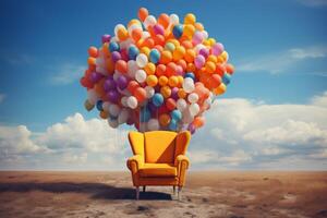 ai gegenereerd een surrealistische samenstelling van een drijvend stoel in een veld- van kleurrijk ballonnen. generatief ai foto