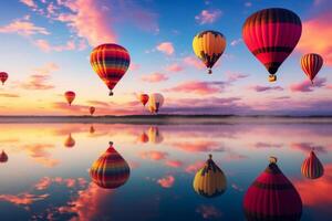 ai gegenereerd een levendig reflectie van kleurrijk heet lucht ballonnen in een kalmte meer. generatief ai foto