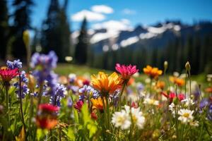 ai gegenereerd een detailopname van kleurrijk wilde bloemen in een berg weide. generatief ai foto