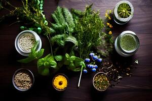 ai gegenereerd kruiden en medisch planten zijn geregeld Aan een houten tafel foto