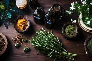 ai gegenereerd kruiden en medisch planten zijn geregeld Aan een houten tafel foto