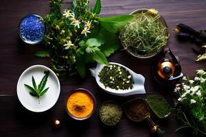 ai gegenereerd kruiden en medisch planten zijn geregeld Aan een houten tafel foto