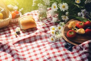 ai gegenereerd lente picknick mockup met een geruit deken, boterhammen, en vers vruchten. generatief ai foto