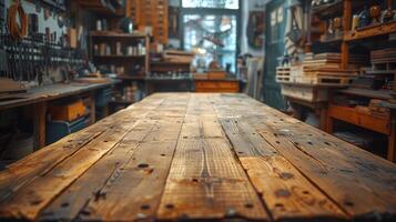 ai gegenereerd houten tafel met divers gereedschap in fabriek foto