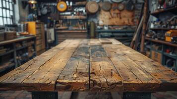 ai gegenereerd houten tafel met divers gereedschap in fabriek foto