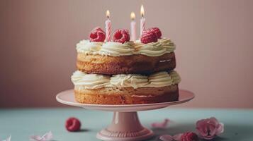 ai gegenereerd verjaardag taart met roze suikerglazuur en lit kaarsen foto