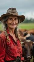 ai gegenereerd vrouw staand in voorkant van kudde van koeien foto