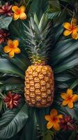 ai gegenereerd ananas omringd door bloemen foto