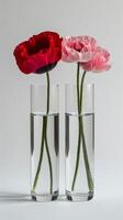 ai gegenereerd twee vazen met bloemen Aan tafel foto