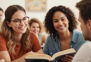 ai gegenereerd studenten bezighouden in een groep studie sessie, met focus en coöperatie aan het leren evident in een bibliotheek instelling. foto