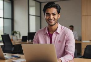 ai gegenereerd Mens in gewoontjes werk kleding, gefocust Aan laptop in kantoor. modern en makkelijk in de omgang professioneel. foto