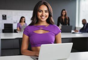 ai gegenereerd glimlachen vrouw in Purper uitknippen top werken met een laptop. levendig en positief kantoor omgeving. foto