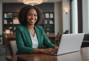 ai gegenereerd een professioneel vrouw glimlachen terwijl werken Aan haar laptop, betekenend effectief werk beheer. foto