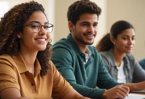 ai gegenereerd verloofd studenten deelnemen in een klasse discussie, actief sharing inzichten en aan het leren. foto