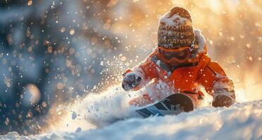 ai gegenereerd jongen rijden de heuvels in winter foto