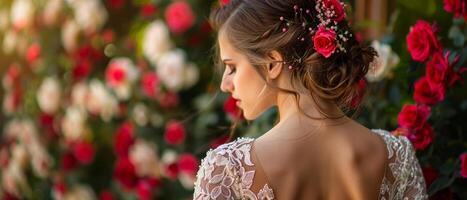 ai gegenereerd een bruid met een elegant opgestoken en een Open terug bruiloft jurk staat tegen een backdrop van rozen foto