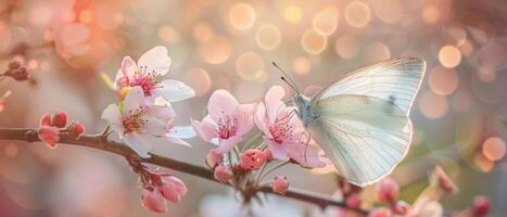 ai gegenereerd een sereen vlinder zitstokken Aan delicaat voorjaar bloesems foto