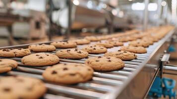 ai gegenereerd een vers gebakken koekjes koeling Aan een transportband riem binnen een voedsel productie lijn Bij een modern fabriek. foto