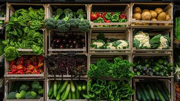 ai gegenereerd een netjes georganiseerd supermarkt plank weergeven een verscheidenheid van vers biologisch groenten foto