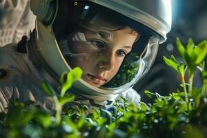 ai gegenereerd een jong astronaut jongen aan het studeren fabriek groei in nul zwaartekracht binnen een ruimteschip foto