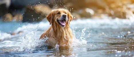 ai gegenereerd een gelukkig gouden retriever hond spelen en spatten in de zee foto