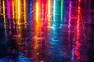 ai gegenereerd een verbijsterend Scherm van kleurrijk licht balken weerspiegelt uit een nat oppervlakte foto