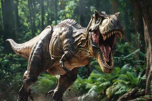 ai gegenereerd een imposant tyrannosaurus rex brult dreigend in een dicht prehistorisch Woud instelling. foto