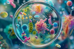 ai gegenereerd een kleurrijk vertegenwoordiging van microbieel organismen bloeiend binnen een Petri schotel foto