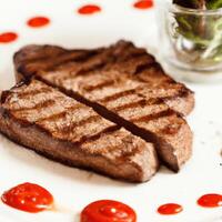 ai gegenereerd gebraden rundvlees steak licht gedaan, gegrild Aan een wit bord met saus, kruiden en tomaten. ai gegenereerd. foto