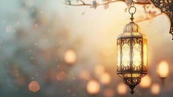 ai gegenereerd Islamitisch Ramadan achtergrond met lamp en wazig achtergrond foto