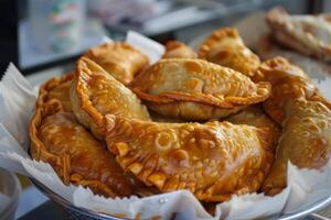 ai gegenereerd gouden empanadas gebakjes gebakken voedsel tussendoortje met traditioneel korst in een bord foto