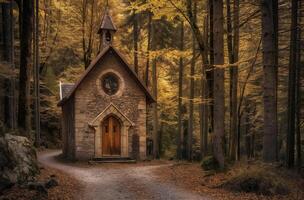 ai gegenereerd steen kapel in herfst Woud foto