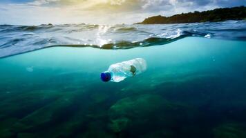 ai gegenereerd een plastic fles drijft in Doorzichtig blauw oceaan water, verlichte door zonlicht, met een weelderig groen eiland en bewolkt lucht in de achtergrond. foto