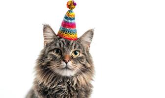 ai gegenereerd gelukkig kat in pret partij hoed. feestelijk verjaardag banier Aan schoon achtergrond. huiselijk katje foto
