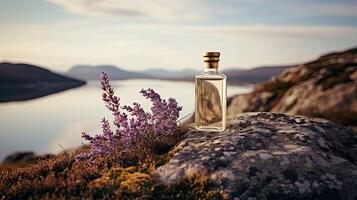 ai gegenereerd geur parfum staan Aan steen tegen achtergrond van natuur. mannen parfum foto