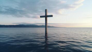 ai gegenereerd kruis Aan water, christen symbool in zee. concept van de zoeken voor vertrouwen. ai gegenereerd foto