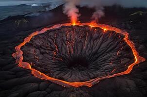 ai gegenereerd top visie van vulkaan krater vol van lava foto