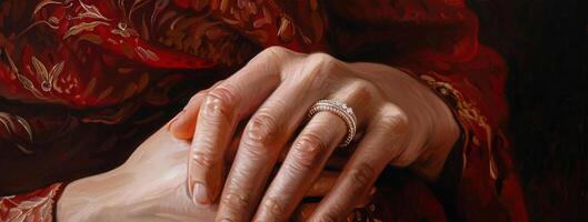 ai gegenereerd mooi vrouw handen met sieraden Aan de achtergrond van olie schilderen. foto