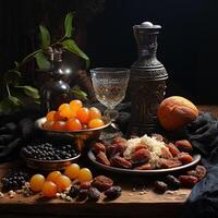 ai gegenereerd een tafel met een kom van fruit en een fles van wijn foto