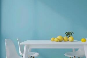 ai gegenereerd citroen en appel Aan de tafel in de buurt de muur. 3d renderen foto