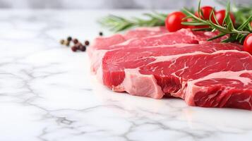 ai gegenereerd vers vlees steak Aan wit achtergrond met genereus kopiëren ruimte voor recepten of culinaire concepten foto