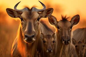 ai gegenereerd wildebeest familie safari. vastleggen de rauw schoonheid van hun reis door de savanne foto