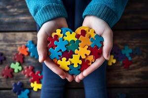 ai gegenereerd autisme bewustzijn dag concept. kinderen handen Holding puzzel hart, ondersteuning voor autisme spectrum foto