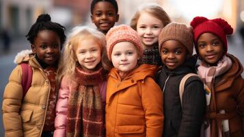 ai gegenereerd verschillend groep van multi-etnisch kinderen staand samen en glimlachen Bij de camera in eenheid foto