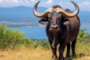 ai gegenereerd vastleggen de majestueus Afrikaanse buffel in haar natuurlijk leefgebied gedurende een spannend safari expeditie foto