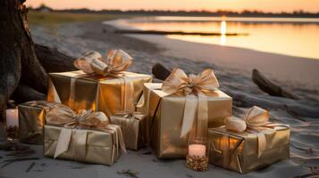 ai gegenereerd Kerstmis geschenk doos Aan tropisch strand met kopiëren ruimte voor vakantie Cadeau of vakantie concept foto