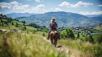 ai gegenereerd kinderen te paard rijden in de alpine bergen met kopiëren ruimte, avontuur en natuur concept foto