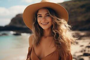 ai gegenereerd jong meisje genieten van een ontspannen wandeling Aan de zanderig strand, versierd met een elegant zon hoed foto