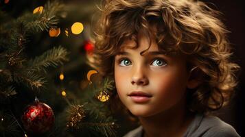 ai gegenereerd kind in winter vakantie evenement in ontzag voordat lit reusachtig Kerstmis boom Aan feestelijk lichten achtergrond foto